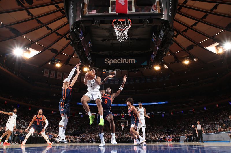 NEW YORK, NY - APRIL 12: Cam Thomas #24 of the Brooklyn Nets drives to the basket during the game against the New York Knicks on April 12, 2024 at Madison Square Garden in New York City, New York.  NOTE TO USER: User expressly acknowledges and agrees that, by downloading and or using this photograph, User is consenting to the terms and conditions of the Getty Images License Agreement. Mandatory Copyright Notice: Copyright 2024 NBAE  (Photo by Nathaniel S. Butler/NBAE via Getty Images)