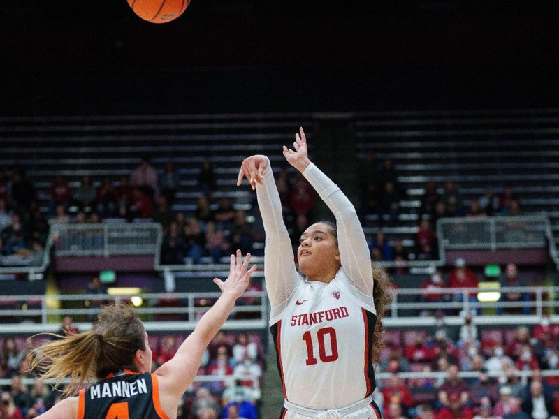 Jan 27, 2023; Stanford, California, USA; Stanford Cardinal guard Talana Lepolo (10) shoots the basketball over Oregon State Beavers guard Noelle Mannen (4) during the second quarter at Maples Pavilion. Mandatory Credit: Neville E. Guard-USA TODAY Sports