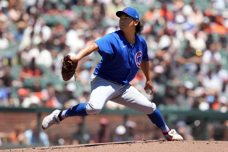 Jun 27, 2024; San Francisco, California, USA; Chicago Cubs starting pitcher Shota Imanaga (18) throws a pitch against the San Francisco Giants during the first inning at Oracle Park. Mandatory Credit: Darren Yamashita-USA TODAY Sports