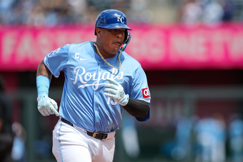 Jun 30, 2024; Kansas City, Missouri, USA; Kansas City Royals catcher Salvador Perez (13) rounds the bases after hitting a home run during the seventh inning against the Cleveland Guardians at Kauffman Stadium. Mandatory Credit: William Purnell-USA TODAY Sports