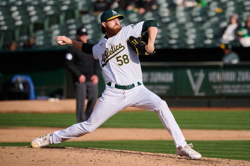 May 4, 2024; Oakland, California, USA; Oakland Athletics starting pitcher Paul Blackburn (58) throws a pitch against the Miami Marlins during the sixth inning at Oakland-Alameda County Coliseum. Mandatory Credit: Robert Edwards-USA TODAY Sports