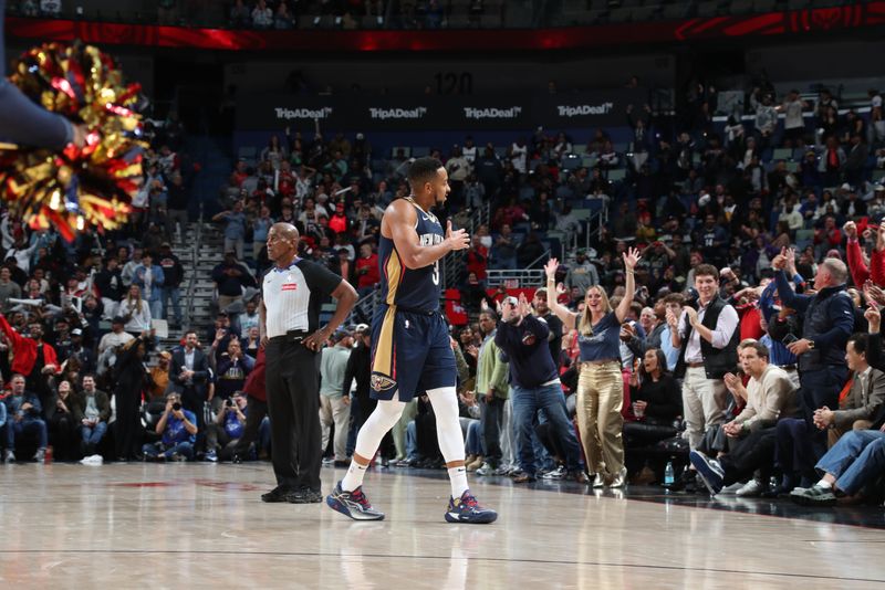 NEW ORLEANS, LA - DECEMBER 5: CJ McCollum #3 of the New Orleans Pelicans celebrates during the game against the Phoenix Suns on December 5, 2024 at the Smoothie King Center in New Orleans, Louisiana. NOTE TO USER: User expressly acknowledges and agrees that, by downloading and or using this Photograph, user is consenting to the terms and conditions of the Getty Images License Agreement. Mandatory Copyright Notice: Copyright 2024 NBAE (Photo by Layne Murdoch Jr./NBAE via Getty Images)