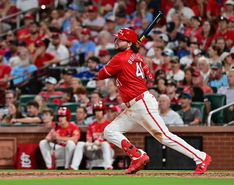 Aug 17, 2024; St. Louis, Missouri, USA;  St. Louis Cardinals outfielder Alec Burleson (41) hits a single against the Los Angeles Dodgers in the eighth inning at Busch Stadium. Mandatory Credit: Tim Vizer-USA TODAY Sports