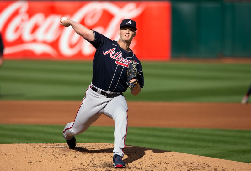 May 29, 2023; Oakland, California, USA; Atlanta Braves starting pitcher Michael Soroka (40) delivers a pitch against the Oakland Athletics during the first inning at Oakland-Alameda County Coliseum. Mandatory Credit: D. Ross Cameron-USA TODAY Sports