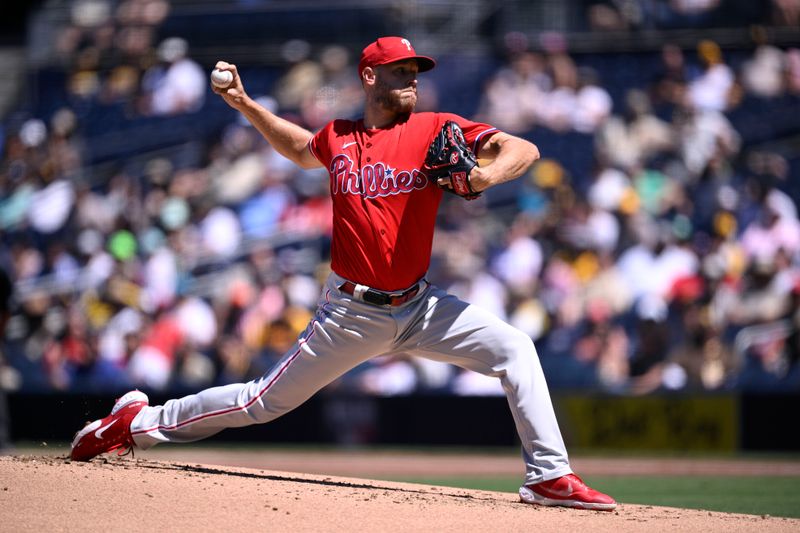 Sep 6, 2023; San Diego, California, USA; Philadelphia Phillies starting pitcher Zack Wheeler (45) throws a pitch against the San Diego Padres during the first inning at Petco Park. Mandatory Credit: Orlando Ramirez-USA TODAY Sports