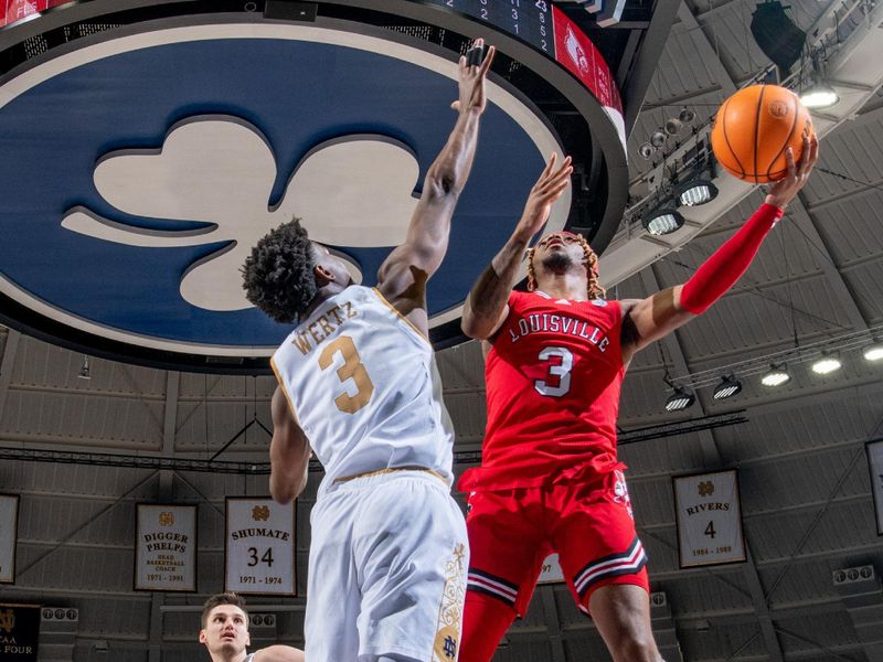 Jan 28, 2023; South Bend, Indiana, USA; Louisville Cardinals guard El Ellis (3) shoots the ball against Notre Dame Fighting Irish guard Trey Wertz (3) in the second half at the Purcell Pavilion. Mandatory Credit: Matt Cashore-USA TODAY Sports