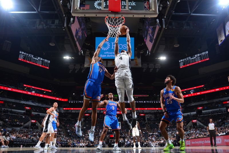 SAN ANTONIO, TX - OCTOBER 7: Brandon Boston Jr. #4 of the San Antonio Spurs dunks the ball during the game against the Oklahoma City Thunder during a NBA preseason game on October 7, 2024 at the Frost Bank Center in San Antonio, Texas. NOTE TO USER: User expressly acknowledges and agrees that, by downloading and or using this photograph, user is consenting to the terms and conditions of the Getty Images License Agreement. Mandatory Copyright Notice: Copyright 2024 NBAE (Photos by Michael Gonzales/NBAE via Getty Images)