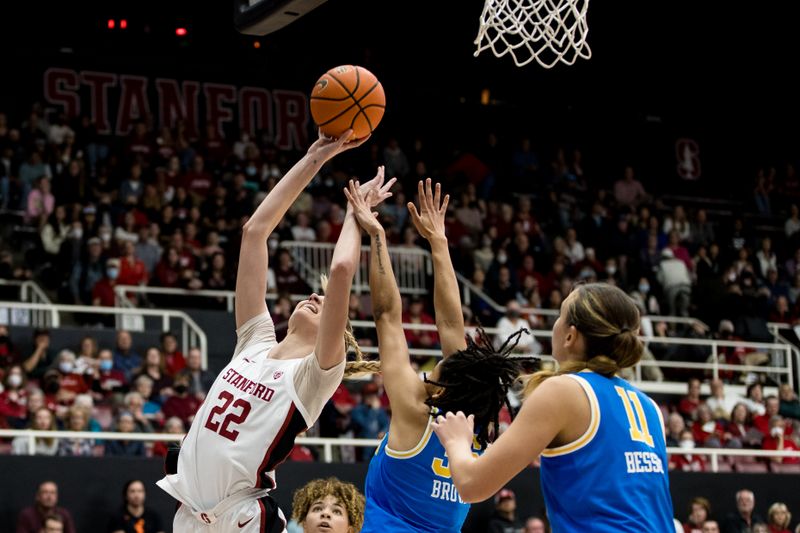 Feb 20, 2023; Stanford, California, USA;  Stanford Cardinal forward Cameron Brink (22) shoots over UCLA Bruins guard Camryn Brown (35) during the first half at Maples Pavilion. Mandatory Credit: John Hefti-USA TODAY Sports