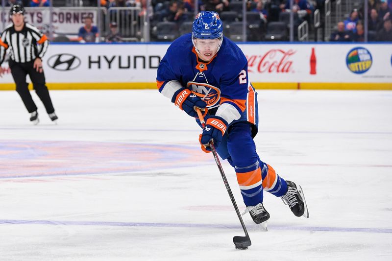 Dec 13, 2023; Elmont, New York, USA; New York Islanders defenseman Mike Reilly (2) skates across the blue line against the Anaheim Ducks during the second period at UBS Arena. Mandatory Credit: Dennis Schneidler-USA TODAY Sports