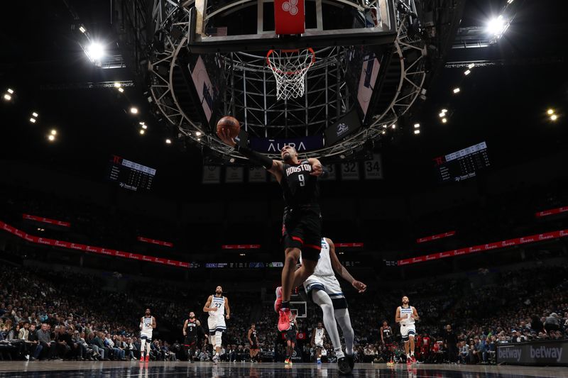 MINNEAPOLIS, MN -  FEBRUARY 4: Dillon Brooks #9 of the Houston Rockets drives to the basket during the game against the Minnesota Timberwolves on February 4, 2024 at Target Center in Minneapolis, Minnesota. NOTE TO USER: User expressly acknowledges and agrees that, by downloading and or using this Photograph, user is consenting to the terms and conditions of the Getty Images License Agreement. Mandatory Copyright Notice: Copyright 2024 NBAE (Photo by Jordan Johnson/NBAE via Getty Images)