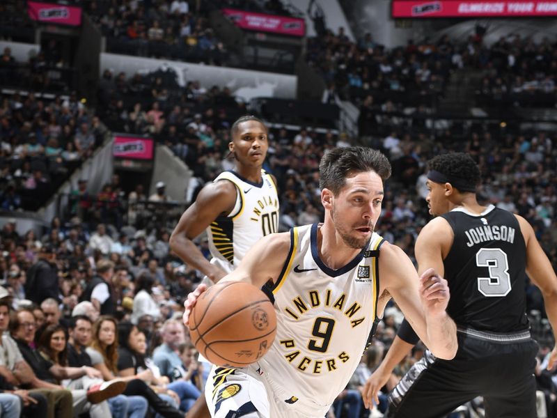 HOUSTON, TX - MARCH 3: T.J. McConnell #9 of the Indiana Pacers handles the ball during the game against the San Antonio Spurs on March 3, 2024 at the Toyota Center in Houston, Texas. NOTE TO USER: User expressly acknowledges and agrees that, by downloading and or using this photograph, User is consenting to the terms and conditions of the Getty Images License Agreement. Mandatory Copyright Notice: Copyright 2024 NBAE (Photo by Logan Riely/NBAE via Getty Images)