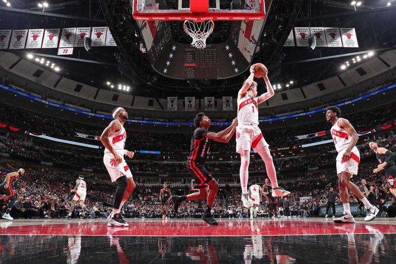 CHICAGO, IL - JANUARY 30: Gradey Dick #1 of the Toronto Raptors grabs a rebound during the game against the Chicago Bulls on January 30, 2024 at United Center in Chicago, Illinois. NOTE TO USER: User expressly acknowledges and agrees that, by downloading and or using this photograph, User is consenting to the terms and conditions of the Getty Images License Agreement. Mandatory Copyright Notice: Copyright 2024 NBAE (Photo by Jeff Haynes/NBAE via Getty Images)