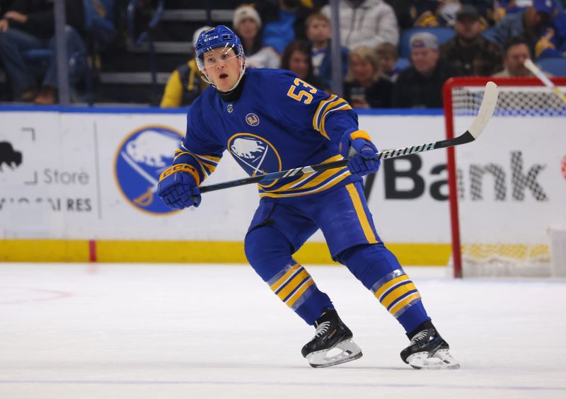 Feb 10, 2024; Buffalo, New York, USA;  Buffalo Sabres left wing Jeff Skinner (53) looks for the puck during the first period against the St. Louis Blues at KeyBank Center. Mandatory Credit: Timothy T. Ludwig-USA TODAY Sports