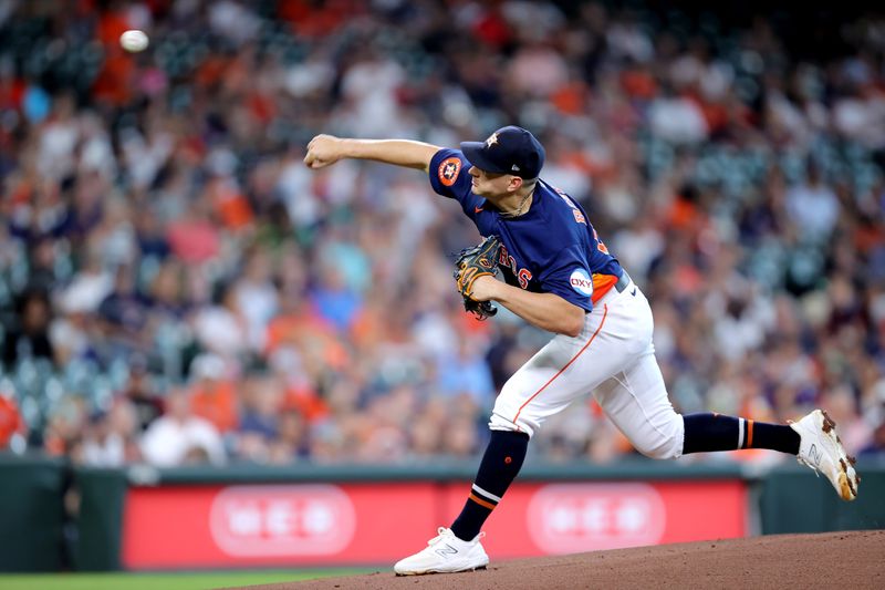 Jul 30, 2023; Houston, Texas, USA; Houston Astros starting pitcher Brandon Bielak (64) pitches against the Tampa Bay Rays during the first inning at Minute Maid Park. Mandatory Credit: Erik Williams-USA TODAY Sports