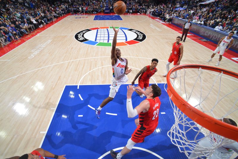 PHILADELPHIA, PA - MARCH 3:  Tyrese Maxey #0 of the Philadelphia 76ers drives to the basket during the game  against the Portland Trail Blazers on March 3, 2025 at the Wells Fargo Center in Philadelphia, Pennsylvania NOTE TO USER: User expressly acknowledges and agrees that, by downloading and/or using this Photograph, user is consenting to the terms and conditions of the Getty Images License Agreement. Mandatory Copyright Notice: Copyright 2025 NBAE (Photo by Jesse D. Garrabrant/NBAE via Getty Images)