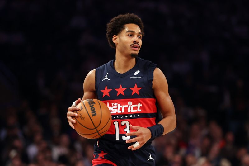 NEW YORK, NEW YORK - NOVEMBER 18: Jordan Poole #13 of the Washington Wizards dribbles during the first half against the New York Knicks at Madison Square Garden on November 18, 2024 in New York City. NOTE TO USER: User expressly acknowledges and agrees that, by downloading and or using this photograph, User is consenting to the terms and conditions of the Getty Images License Agreement. (Photo by Sarah Stier/Getty Images)