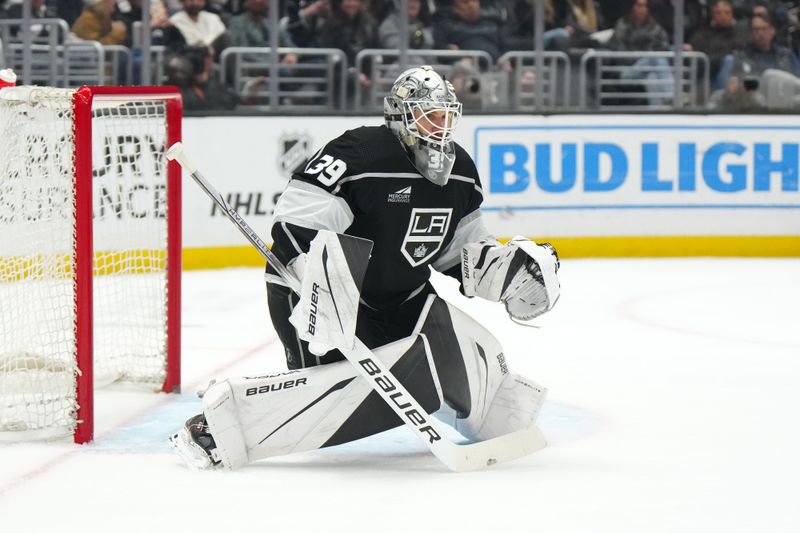 Apr 15, 2024; Los Angeles, California, USA; LA Kings goaltender Cam Talbot (39) defends the goal against the Minnesota Wild in the third period at Crypto.com Arena. Mandatory Credit: Kirby Lee-USA TODAY Sports