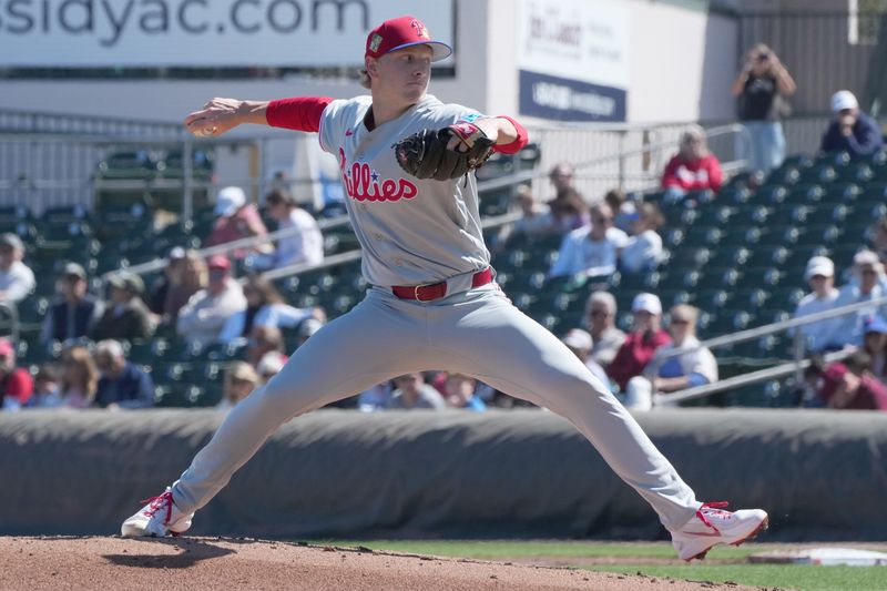 Feb 24, 2026; Jupiter, Florida, USA;  Philadelphia Phillies pitcher Seth Johnson (51) pitches in the first inning against the Miami Marlins at Roger Dean Chevrolet Stadium. Mandatory Credit: Jim Rassol-Imagn Images
