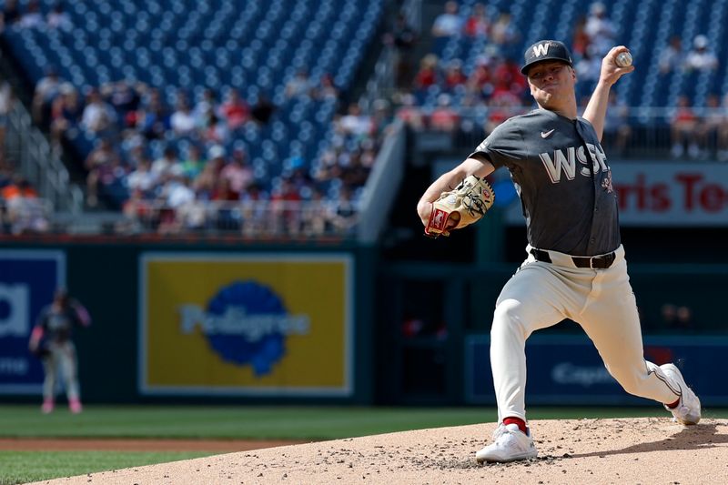 Jun 15, 2024; Washington, District of Columbia, USA; Washington Nationals starting pitcher DJ Herz (74) pitches against the Miami Marlins during the second inning at Nationals Park. Mandatory Credit: Geoff Burke-USA TODAY Sports