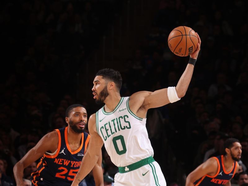 NEW YORK, NY - APRIL 8:  Jayson Tatum #0 of the Boston Celtics handles the ball during the game against the New York Knicks on April 8, 2025 at Madison Square Garden in New York City, New York.  NOTE TO USER: User expressly acknowledges and agrees that, by downloading and or using this photograph, User is consenting to the terms and conditions of the Getty Images License Agreement. Mandatory Copyright Notice: Copyright 2025 NBAE  (Photo by Nathaniel S. Butler/NBAE via Getty Images)