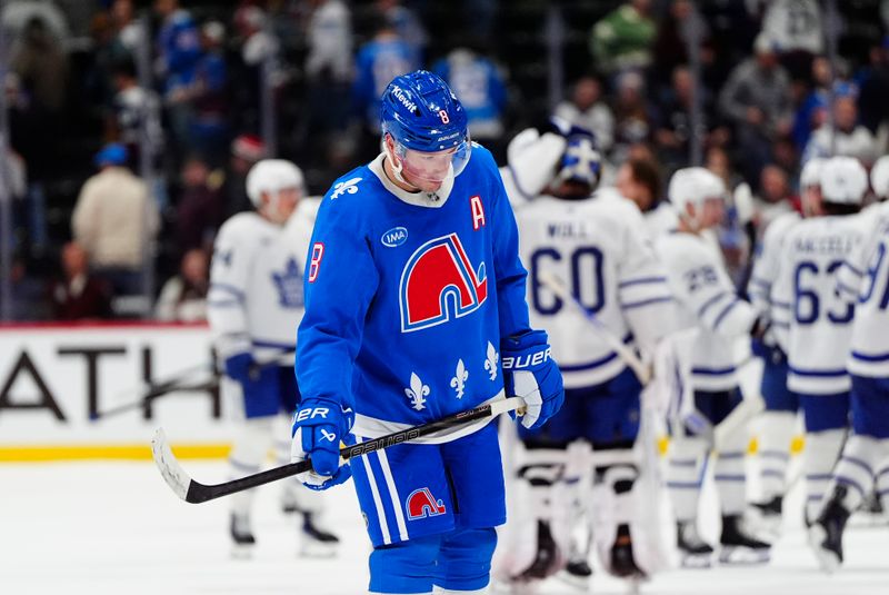 Jan 12, 2026; Denver, Colorado, USA; Colorado Avalanche defenseman Cale Makar (8) following the overtime loss to the Toronto Maple Leafs at Ball Arena. Mandatory Credit: Ron Chenoy-Imagn Images