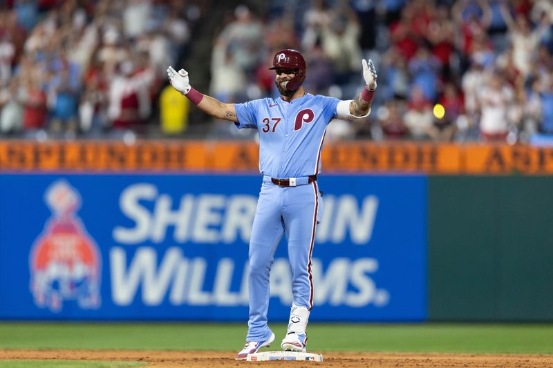 Aug 15, 2024; Philadelphia, Pennsylvania, USA; Philadelphia Phillies outfielder Weston Wilson (37) reacts after hitting a double during the eighth inning to complete the cycle against the Washington Nationals at Citizens Bank Park. Mandatory Credit: Bill Streicher-USA TODAY Sports