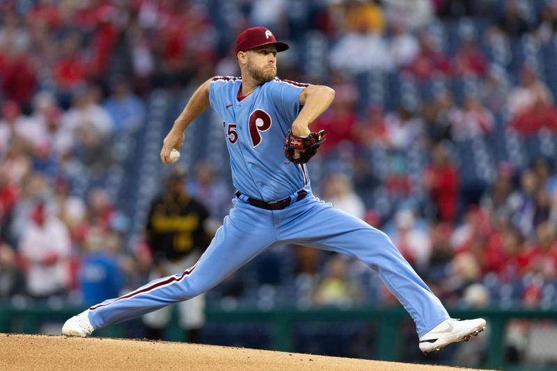 Sep 28, 2023; Philadelphia, Pennsylvania, USA; Philadelphia Phillies starting pitcher Zack Wheeler (45) throws a pitch during the first inning against the Pittsburgh Pirates at Citizens Bank Park. Mandatory Credit: Bill Streicher-USA TODAY Sports