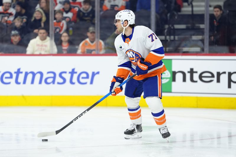 Jan 26, 2026; Philadelphia, Pennsylvania, USA; New York Islanders defenseman Tony DeAngelo (77) in action against the Philadelphia Flyers in the first period at Xfinity Mobile Arena. Mandatory Credit: Kyle Ross-Imagn Images