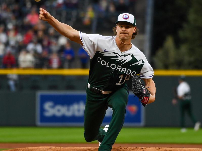 May 13, 2023; Denver, Colorado, USA; Colorado Rockies starting pitcher Ryan Feltner (18) delivers a pitch in the first inning against the Philadelphia Phillies at Coors Field. Mandatory Credit: John Leyba-USA TODAY Sports