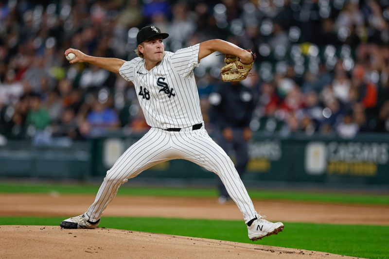 Sep 24, 2024; Chicago, Illinois, USA; Chicago White Sox starting pitcher Jonathan Cannon (48) delivers a pitch against the Los Angeles Angels during the first inning at Guaranteed Rate Field. Mandatory Credit: Kamil Krzaczynski-Imagn Images