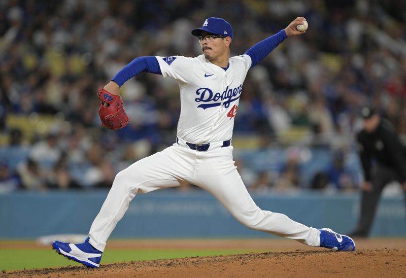 May 20, 2024; Los Angeles, California, USA; Los Angeles Dodgers relief pitcher Anthony Banda (43) delivers in the seventh inning against the Arizona Diamondbacks at Dodger Stadium. Mandatory Credit: Jayne Kamin-Oncea-USA TODAY Sports