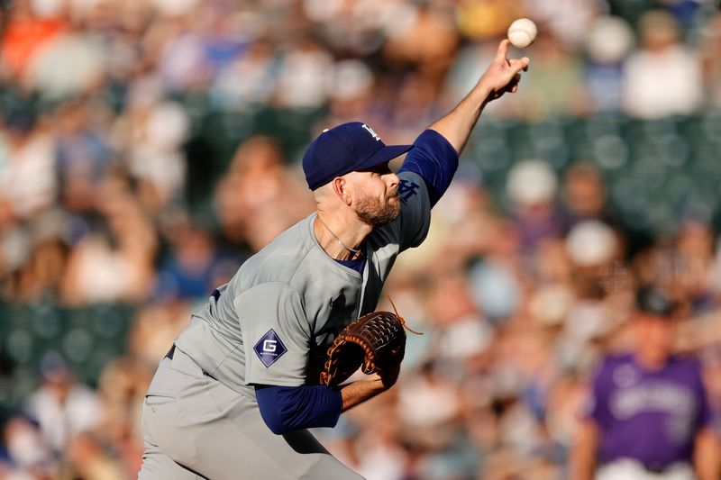 Jun 17, 2024; Denver, Colorado, USA; Los Angeles Dodgers starting pitcher James Paxton (65) pitches in the first inning against the Colorado Rockies at Coors Field. Mandatory Credit: Isaiah J. Downing-USA TODAY Sports