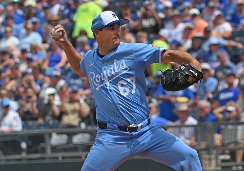 Jun 28, 2025; Kansas City, Missouri, USA;  Kansas City Royals starting pitcher Seth Lugo (67) throws a pitch in the first inning against the Los Angeles Dodgers at Kauffman Stadium. Mandatory Credit: Peter Aiken-Imagn Images