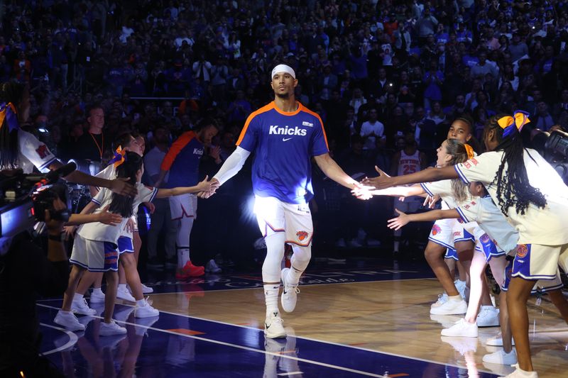 NEW YORK, NY - OCTOBER 25: Josh Hart #3 of the New York Knicks is introduced before the game against the Indiana Pacers on October 25, 2024 at Madison Square Garden in New York City, New York.  NOTE TO USER: User expressly acknowledges and agrees that, by downloading and or using this photograph, User is consenting to the terms and conditions of the Getty Images License Agreement. Mandatory Copyright Notice: Copyright 2024 NBAE  (Photo by David L. Nemec/NBAE via Getty Images)