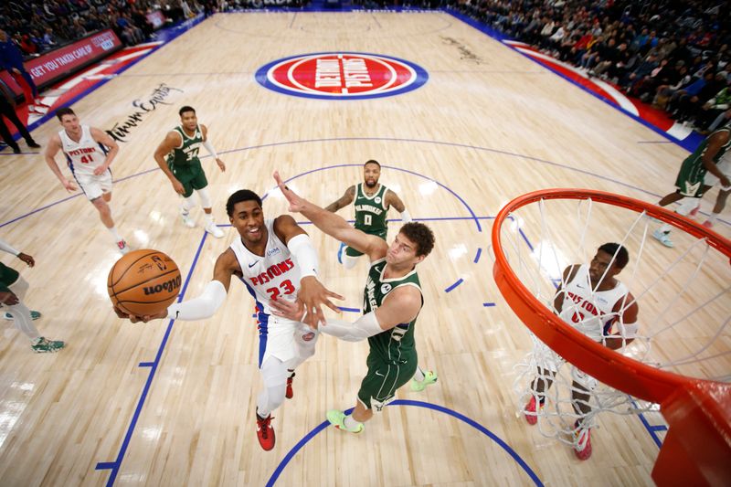 DETROIT, MI - JANUARY 22:  Jaden Ivey #23 of the Detroit Pistons drives to the basket during the game against the Milwaukee Bucks on January 22, 2024 at Little Caesars Arena in Detroit, Michigan. NOTE TO USER: User expressly acknowledges and agrees that, by downloading and/or using this photograph, User is consenting to the terms and conditions of the Getty Images License Agreement. Mandatory Copyright Notice: Copyright 2024 NBAE (Photo by Brian Sevald/NBAE via Getty Images)