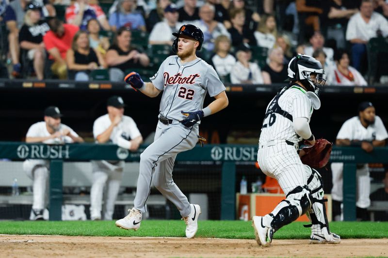 Aug 23, 2024; Chicago, Illinois, USA; Detroit Tigers outfielder Parker Meadows (22) socres against the Chicago White Sox during the ninth inning at Guaranteed Rate Field. Mandatory Credit: Kamil Krzaczynski-USA TODAY Sports