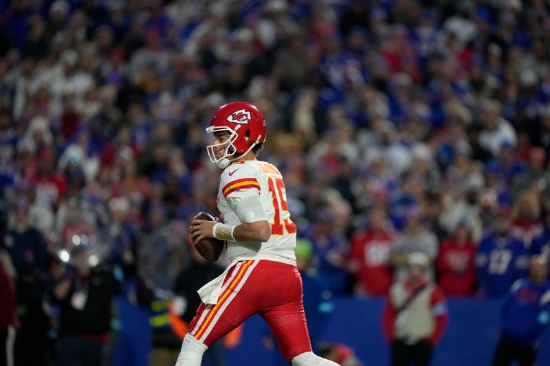 Kansas City Chiefs quarterback Patrick Mahomes drops back to pass during the first half of an NFL football game against the Buffalo Bills Sunday, Nov. 17, 2024, in Orchard Park, N.Y. (AP Photo/Julia Demaree Nikhinson)