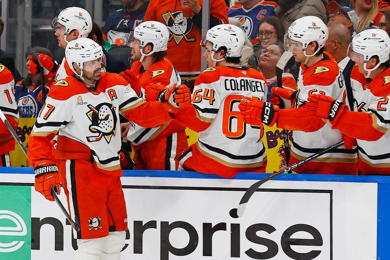 Mar 4, 2025; Edmonton, Alberta, CAN; The Anaheim Ducks celebrate a goal scored by forward Alex Killorn (17) during the third period against the Edmonton Oilers at Rogers Place. Mandatory Credit: Perry Nelson-Imagn Images