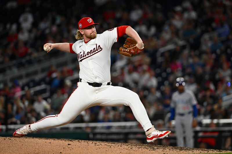 Jun 3, 2025; Washington, District of Columbia, USA; Washington Nationals relief pitcher Zach Brzykcy (66) throws to the Chicago Cubs during the seventh inning at Nationals Park. Mandatory Credit: Brad Mills-Imagn Images