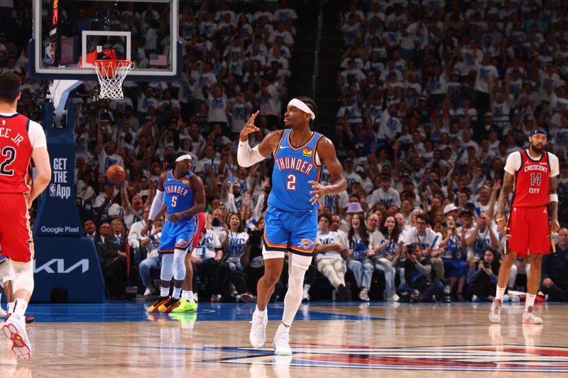 OKLAHOMA CITY, OK - APRIL 24: Shai Gilgeous-Alexander #2 of the Oklahoma City Thunder celebrates during the game against the New Orleans Pelicans during Round 1 Game 2 of the 2024 NBA Playoffs on April 24, 2024 at Paycom Arena in Oklahoma City, Oklahoma. NOTE TO USER: User expressly acknowledges and agrees that, by downloading and or using this photograph, User is consenting to the terms and conditions of the Getty Images License Agreement. Mandatory Copyright Notice: Copyright 2024 NBAE (Photo by Zach Beeker/NBAE via Getty Images)