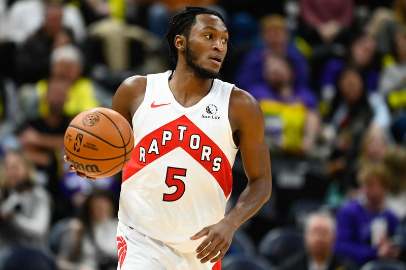 SALT LAKE CITY, UTAH - JANUARY 12: Immanuel Quickley #5 of the Toronto Raptors in action during the first second of a game against the Utah Jazz at Delta Center on January 12, 2024 in Salt Lake City, Utah. NOTE TO USER: User expressly acknowledges and agrees that, by downloading and or using this photograph, User is consenting to the terms and conditions of the Getty Images License Agreement. (Photo by Alex Goodlett/Getty Images)