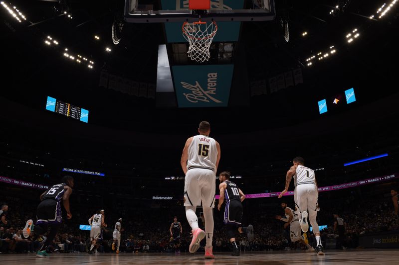 DENVER, CO - FEBRUARY 28: Nikola Jokic #15 of the Denver Nuggets looks on during the game against the Sacramento Kings on February 28, 2024 at the Ball Arena in Denver, Colorado. NOTE TO USER: User expressly acknowledges and agrees that, by downloading and/or using this Photograph, user is consenting to the terms and conditions of the Getty Images License Agreement. Mandatory Copyright Notice: Copyright 2024 NBAE (Photo by Garrett Ellwood/NBAE via Getty Images)