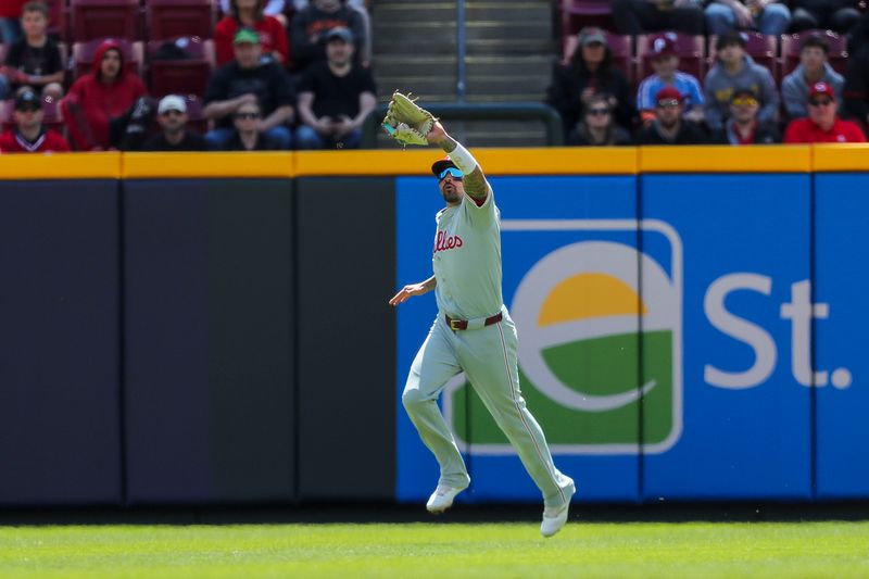 Apr 25, 2024; Cincinnati, Ohio, USA; Philadelphia Phillies outfielder Nick Castellanos (8) catches a pop up hit by Cincinnati Reds first baseman Christian Encarnacion-Strand (not pictured) in the second inning at Great American Ball Park. Mandatory Credit: Katie Stratman-USA TODAY Sports