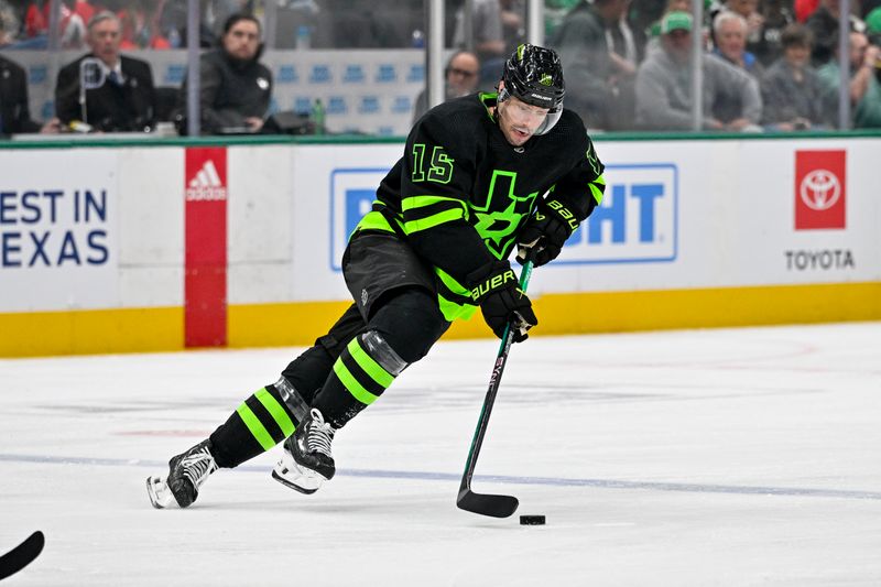 Mar 14, 2024; Dallas, Texas, USA; Dallas Stars center Craig Smith (15) skates against the New Jersey Devils during the third period at the American Airlines Center. Mandatory Credit: Jerome Miron-USA TODAY Sports