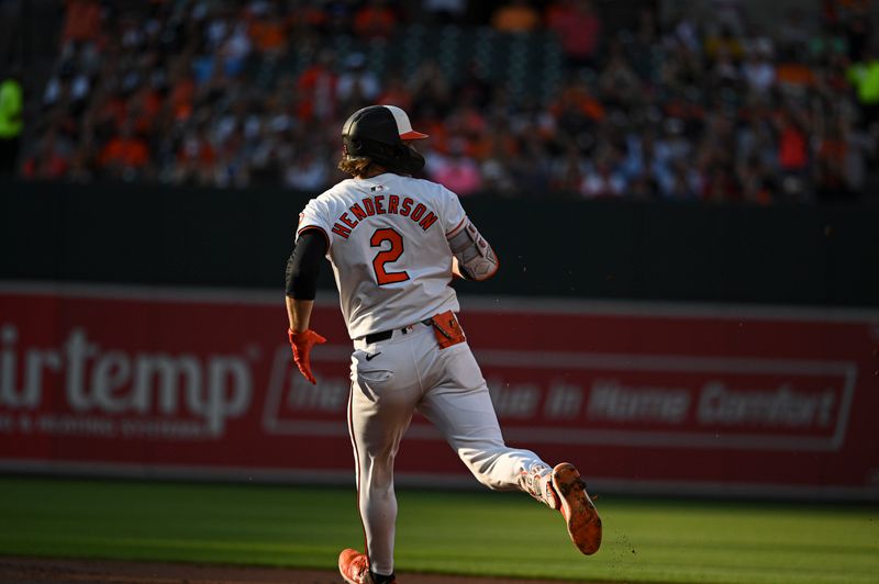 Jun 24, 2024; Baltimore, Maryland, USA;  Baltimore Orioles shortstop Gunnar Henderson (2) runs out a first inning double against the Cleveland Guardians at Oriole Park at Camden Yards. Mandatory Credit: Tommy Gilligan-USA TODAY Sports