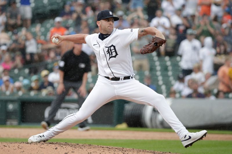 Jul 23, 2023; Detroit, Michigan, USA; Detroit Tigers pitcher Alex Lange (55) pitches during the ninth inning at Comerica Park. Mandatory Credit: Brian Bradshaw Sevald-USA TODAY Sports