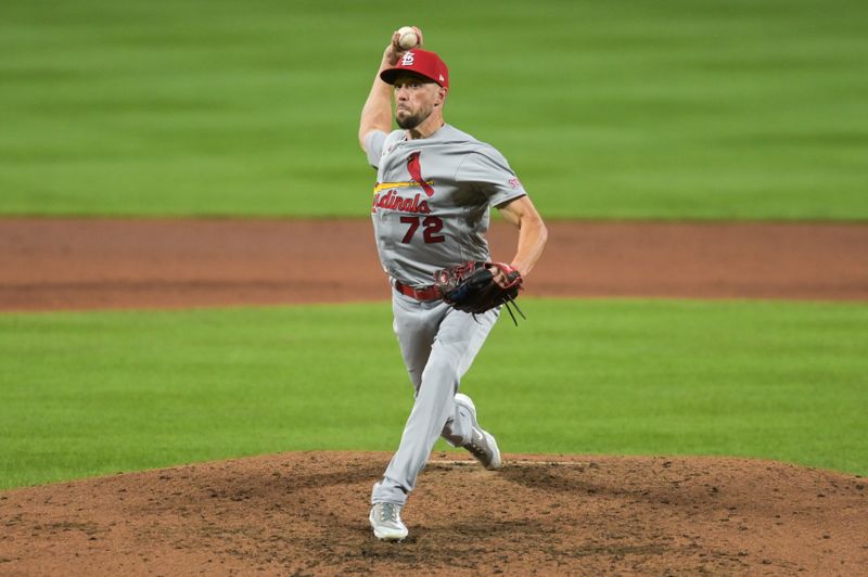 Sep 13, 2023; Baltimore, Maryland, USA;  St. Louis Cardinals relief pitcher Casey Lawrence (72) throws a seventh inning pitch against the Baltimore Orioles at Oriole Park at Camden Yards. Mandatory Credit: Tommy Gilligan-USA TODAY Sports