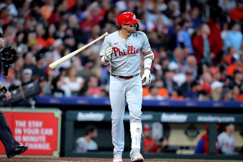 Apr 29, 2023; Houston, Texas, USA; Philadelphia Phillies right fielder Nick Castellanos (8) flips his bat after hitting a home run to left field against the Houston Astros during the fourth inning at Minute Maid Park. Mandatory Credit: Erik Williams-USA TODAY Sports