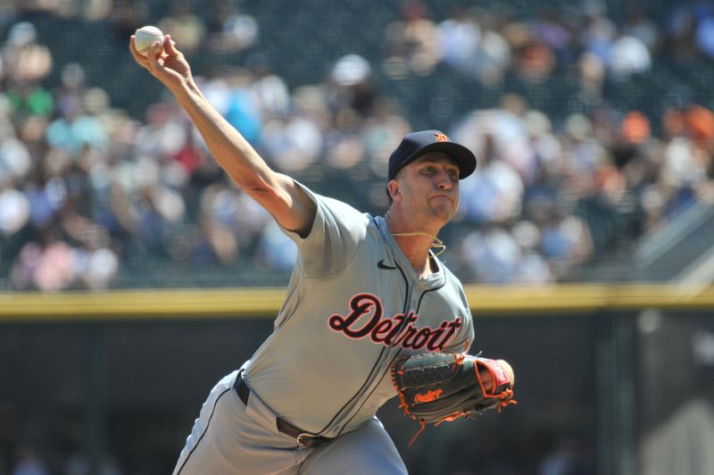 Aug 25, 2024; Chicago, Illinois, USA; Detroit Tigers starting pitcher Beau Brieske (4) pitches during the first inning against the Chicago White Sox at Guaranteed Rate Field. Mandatory Credit: Patrick Gorski-USA TODAY Sports