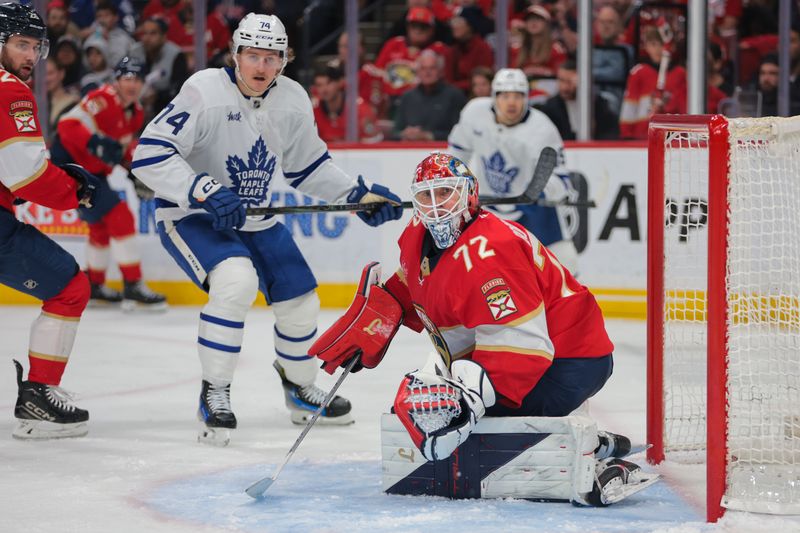 Apr 8, 2025; Sunrise, Florida, USA; Florida Panthers goaltender Sergei Bobrovsky (72) defends his net against the Toronto Maple Leafs during the third period at Amerant Bank Arena. Mandatory Credit: Sam Navarro-Imagn Images